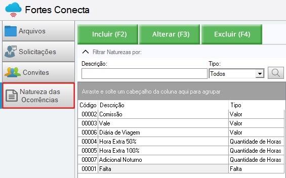 natureza ocorrencias Folha de pagamento no Fortes Conecta